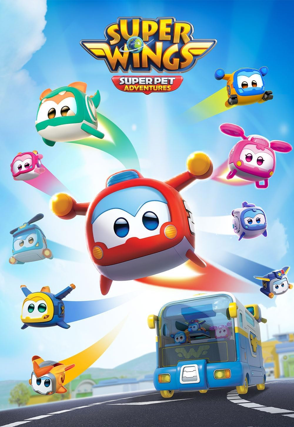 Super Wings Super Pets 4 PCS Shine, Golden Boy, Jerome, Ellie Expression faciale commutable Effet foudre Jouet portable pour 3 4 5 6 7 8 ans Garçon Fille Figurines d'action 2 pouces Naty Shop
