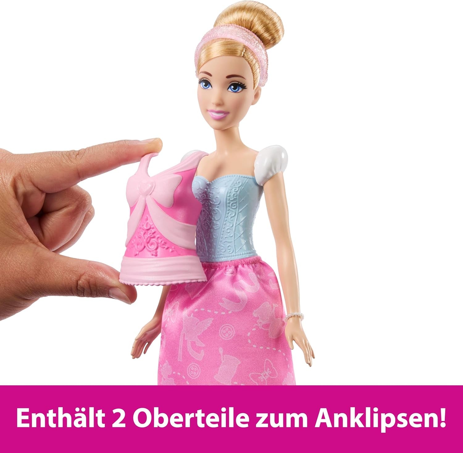 Poupée mannequin Mattel Disney Princess Toys Cendrillon avec 2 tenues, 9 accessoires, 2 hauts avec clips et 2 jupes. Histoires 2 en 1 inspirées du film Disney, JCR95