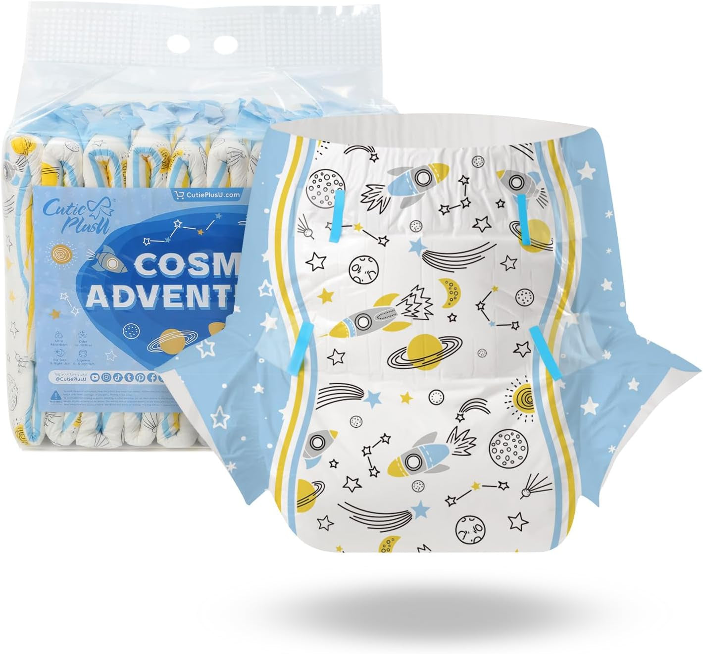 CutiePlusU Couches pour adultes, 10 pièces, culottes jetables pour incontinence avec drap pour femmes et hommes, absorption maximale pendant la nuit – Petite princesse (grande taille 94-119 cm)