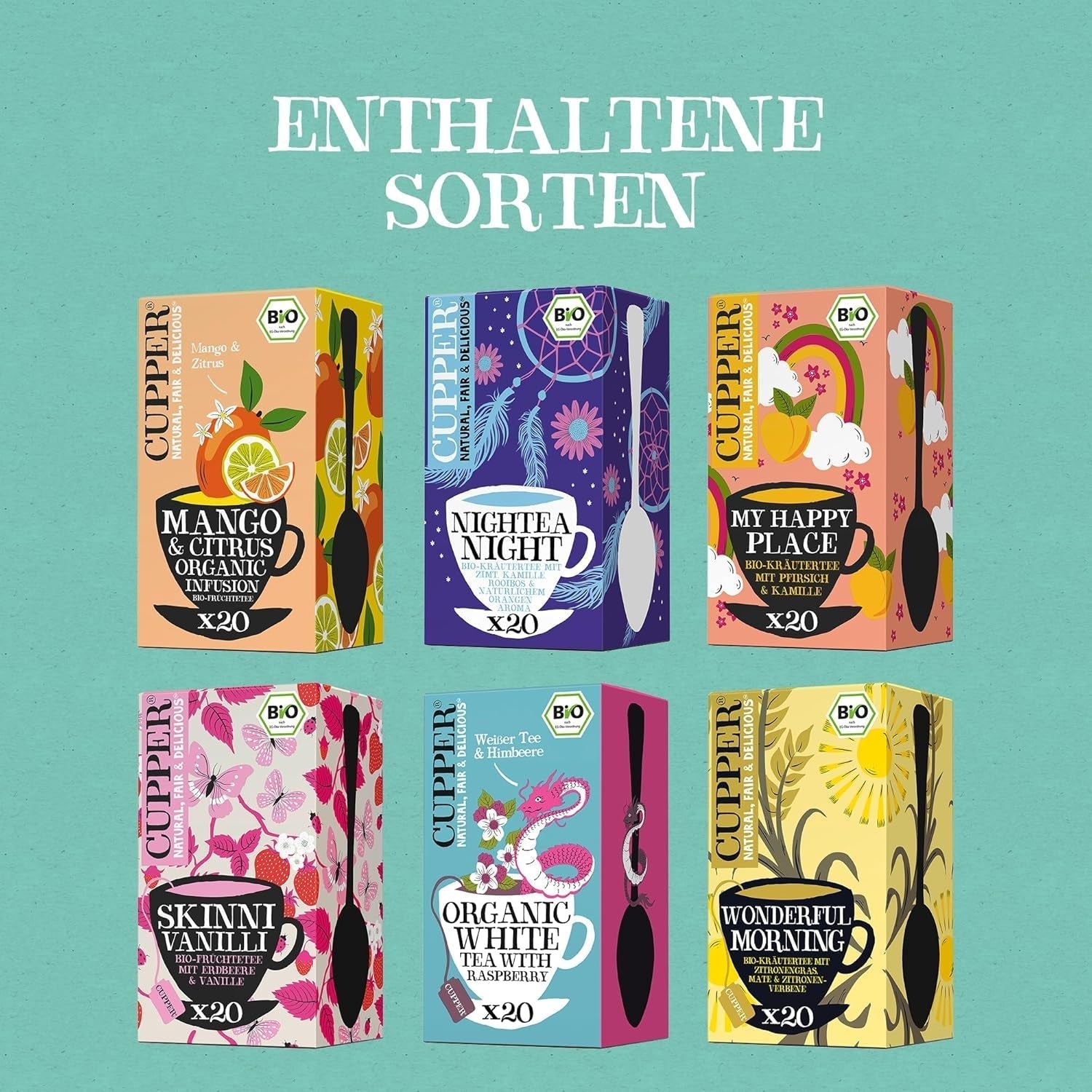 Cupper Coffret cadeau de thé biologique, 6 assortiments de thés aux herbes et aux fruits pour toute la journée, coffret à thé, coffret cadeau, collection de thés biologiques sélectionnés (1 boîte, 78 sachets de thé)