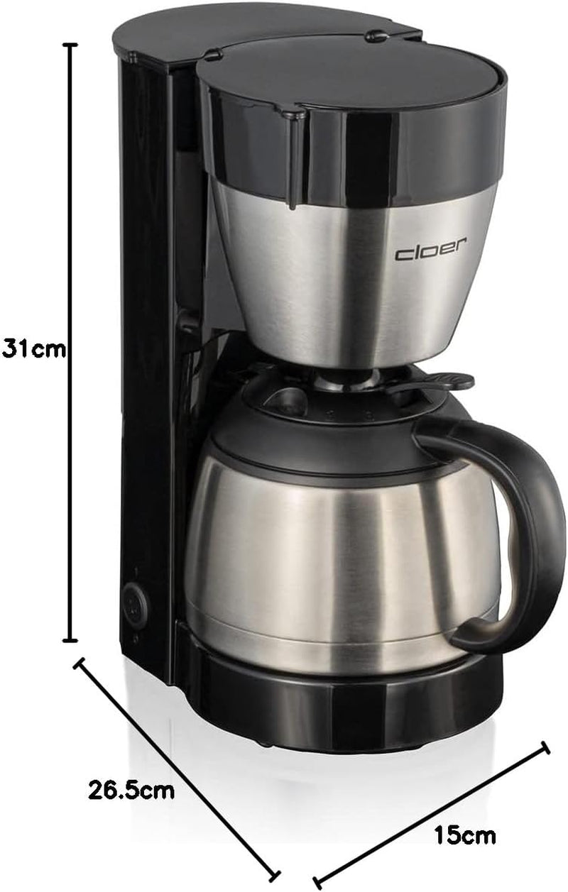 Cloer 5009 Machine à expresso à filtre gardant au chaud jusqu'à 8 tasses 800 W avec carafe isolée en acier inoxydable 1x4 tasse filtrante noir
