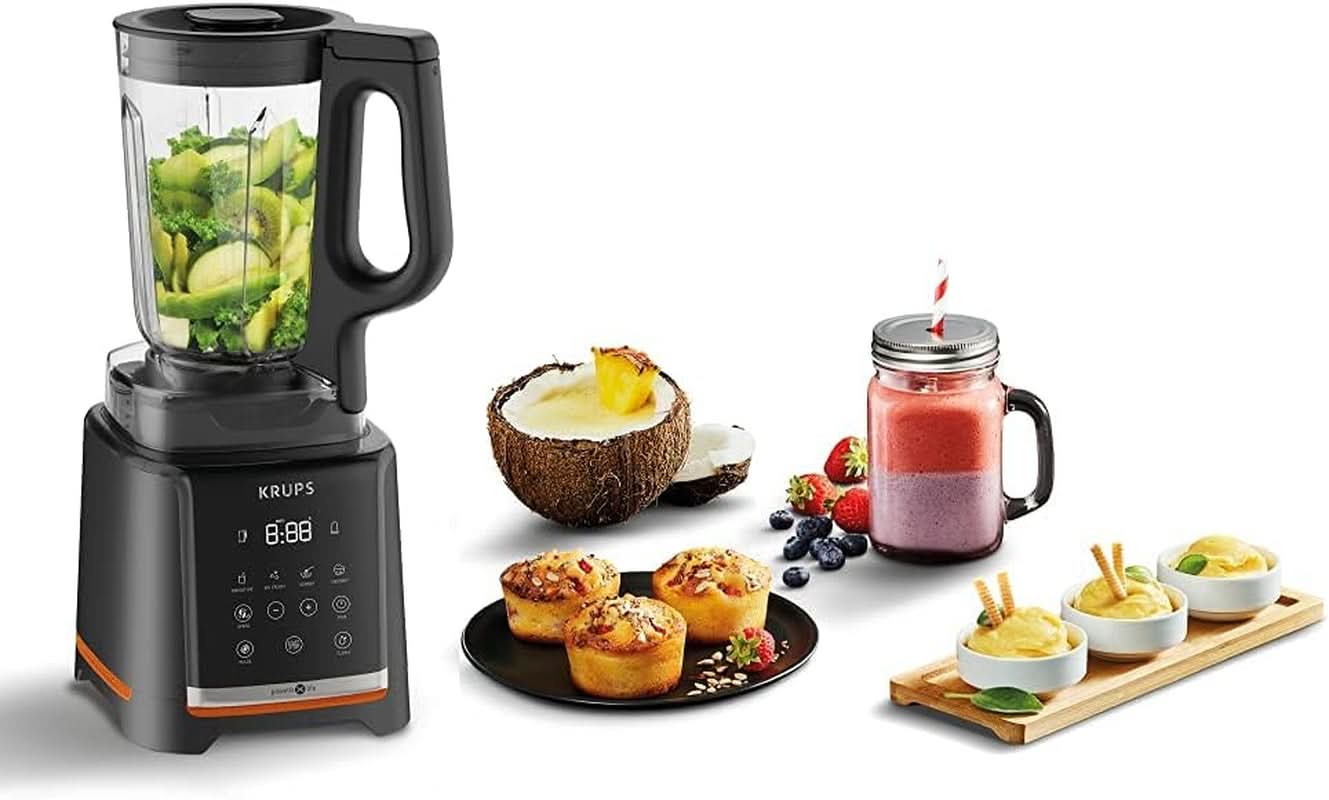 Krups Highspeed - Batteur sur socle Infinymix KB9158 | 1600 W | 5 programmes automatiques + Einstellung manuel | Porte-tritan | Incl. Rezepvol | Smoothies, shakes, glace pilée | Schwarz Cuisine Naty Shop