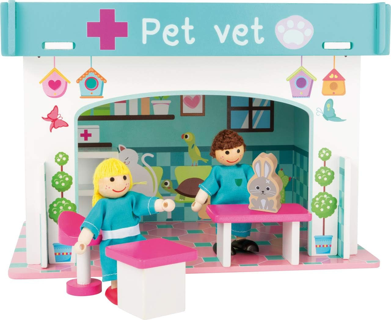 Small Foot 10852 Playhouse Restaurant En bois, Avec 2 figurines de poupée, accessoires et toit amovible, À partir de 3 ans Maisons de poupées Naty Shop Clinique vétérinaire