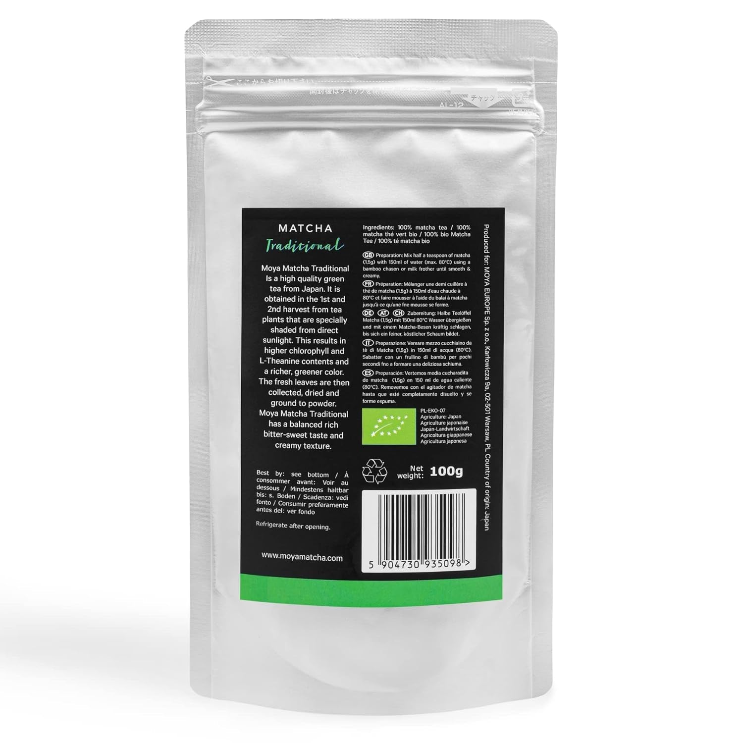 Poudre de thé vert biologique Moya Matcha | 100 g qualité cérémonie traditionnelle 30 g | Cultivé et récolté biologiquement à Uji, Japon | Parfait à boire avec de l'eau, des lattes au matcha, des smoothies et des limonades
