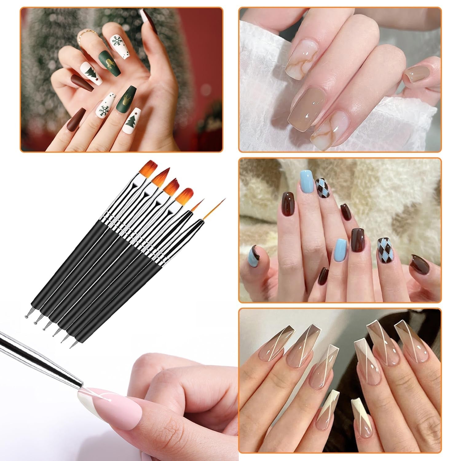 6 pièces Double-Ende Nagel Pinsel, Nageldesign Pinsel, Double-Ende Nail Art Pinsel Kit Professionnel Maniküre Werkzeuge Kit (Noir)