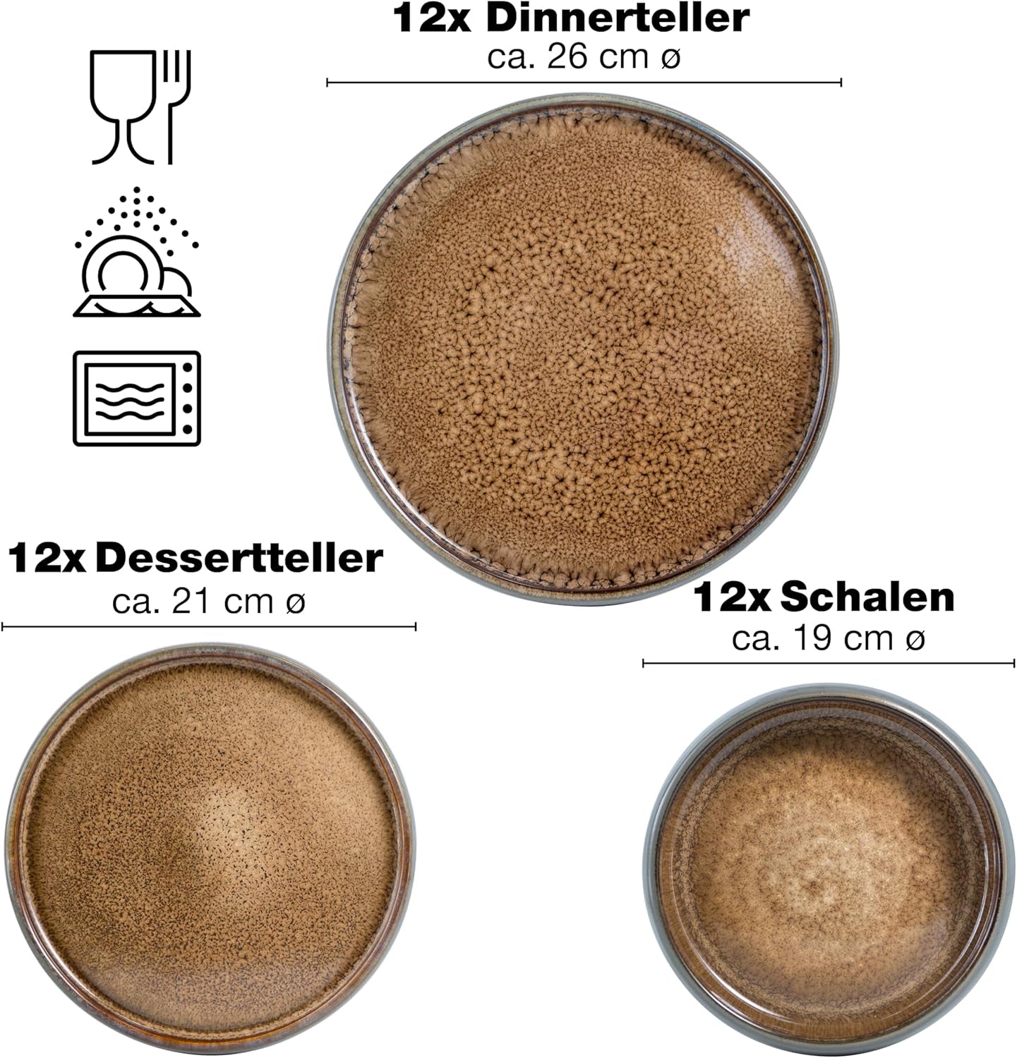 Moritz & Moritz SOLID 36-tlg Steinzeug Geschirr Set 12 Personen - Geschirrset 12 Personen aus je 12 Dinner Teller, Kleine Teller, Tiefe Teller