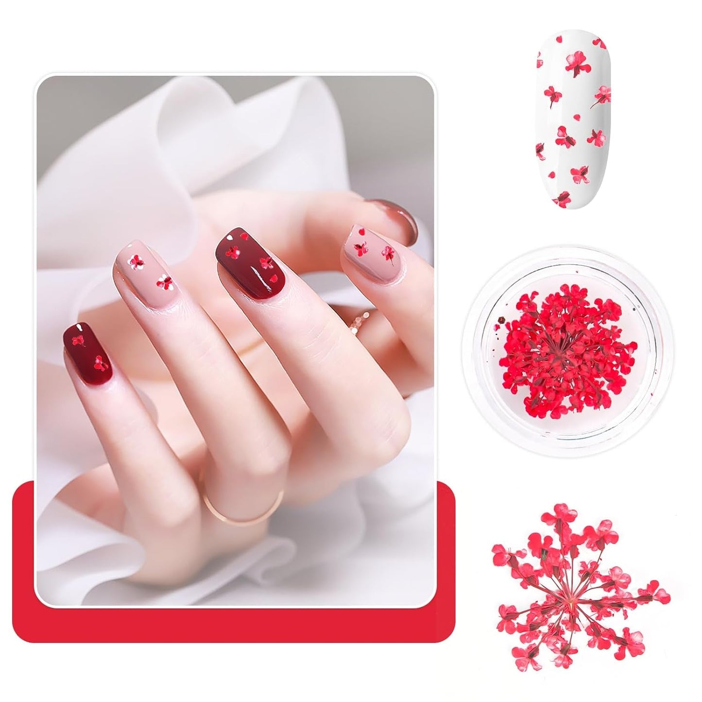 Nail Art Flowers Set Décoration - Gelnägel Zubehör 3 Farben (Orange, Blassrosa, Rose), Nail Art Aufkleber Trockene Blumen Kit Getrocknete Blumen Zubehör Set DIY Nageldekoration