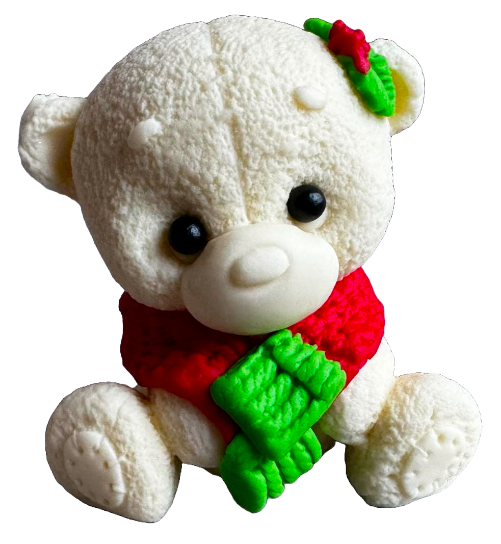 Décoration comestible en pâte à sucre, Ours en peluche blanc avec foulard vert et rouge Décorations en Pâte à Sucre Naty Shop