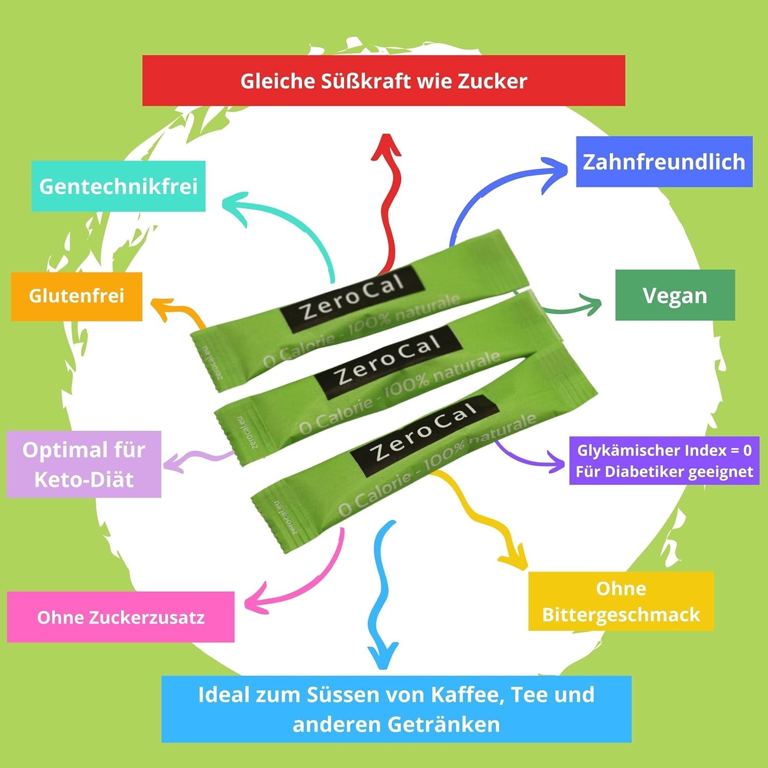 Zerocal - 1:1 (Érythritol + Stevia) 100 Sticks Je 3 G | Idéal pour sucrer le café, le thé et d'autres boissons Gleiche Süßkraft Von Zucker | Sans gluten, végétalien, sans OGM | Calorien et IG = 0 Édulcorants Naty Shop