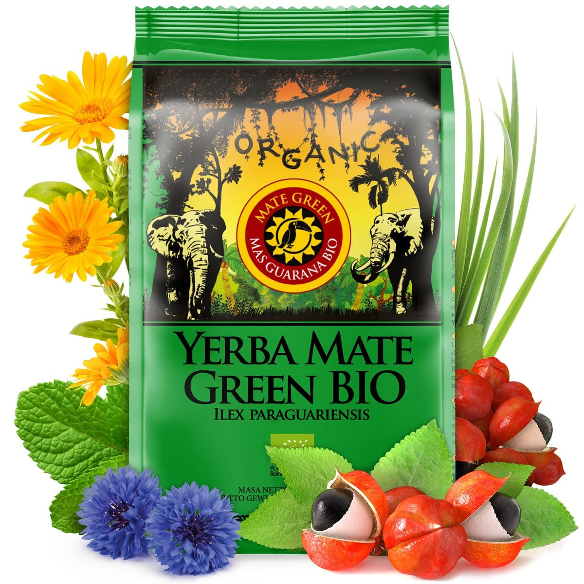 Thé Maté Biologique Récolté Traditionnellement, Séché Sans Fumée | Thé Maté Mas Guarana BIO 200G | Feuilles biologiques en vrac | Au guarana, feuilles de menthe, citronnelle, fleurs de bleuet