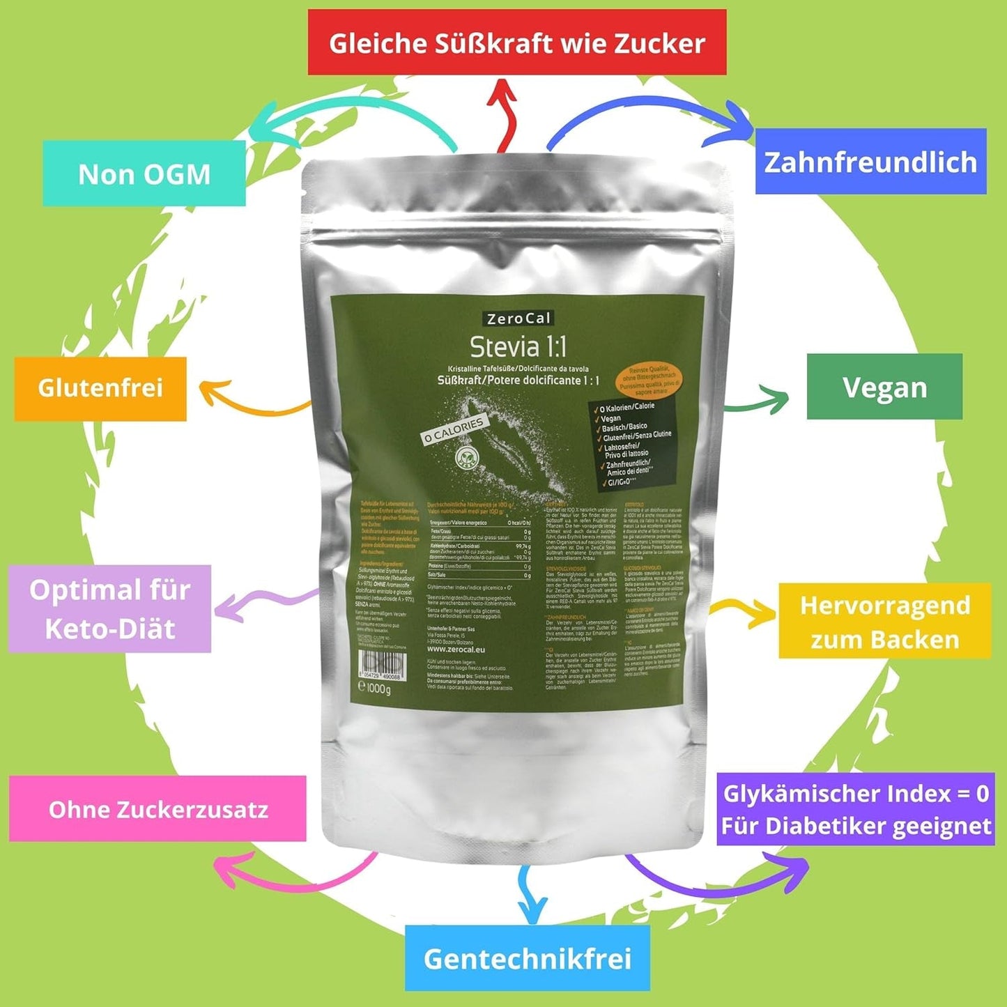 Stevia 1:1 (Erythrit - Stevia) - Natürlicher Zuckerersatzstoff, 1000 G Édulcorants Naty Shop