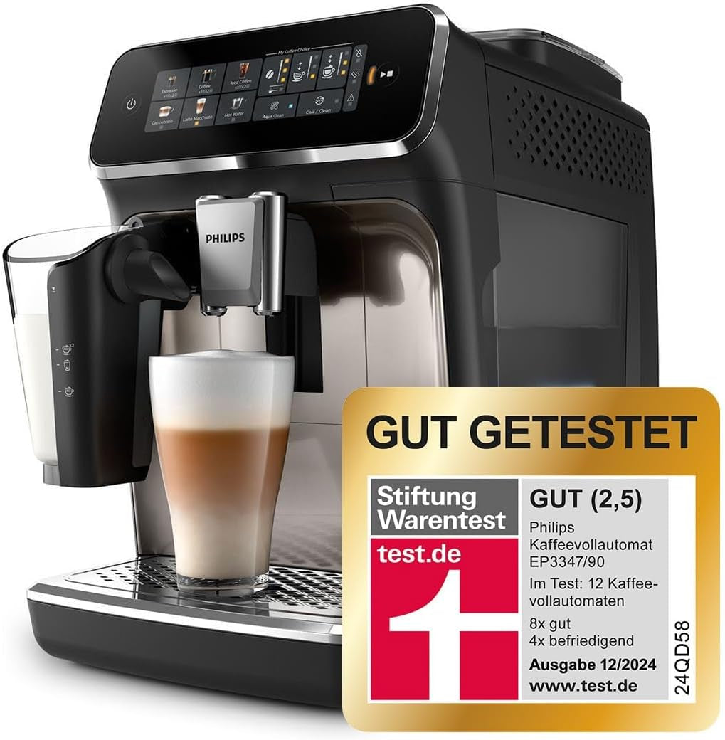 Machine à expresso automatique PHILIPS série 3300 - 6 boissons, écran tactile couleur moderne, système de préparation de lait LatteGo, SilentBrew, moulin 100% céramique, filtre AquaClean. Chromé noir (EP3347/90)