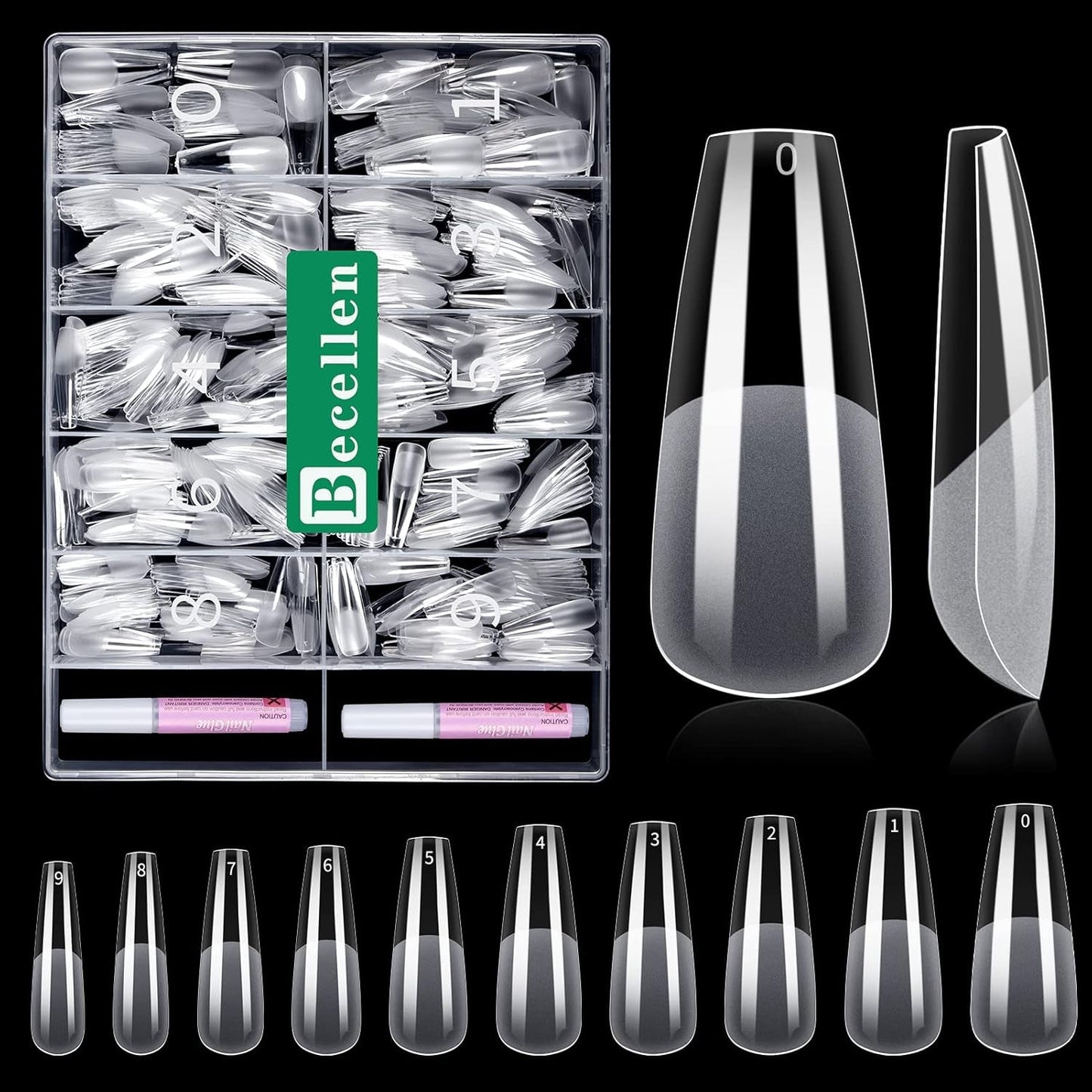 Becellen 500pcs Conseils d'ongles artificiels, Conseils d'ongles en gel souple, Couverture complète, Conseils d'ongles en gel, Ongles artificiels pré-polis, Ensemble de colle DIY Nail Art (Amandes)