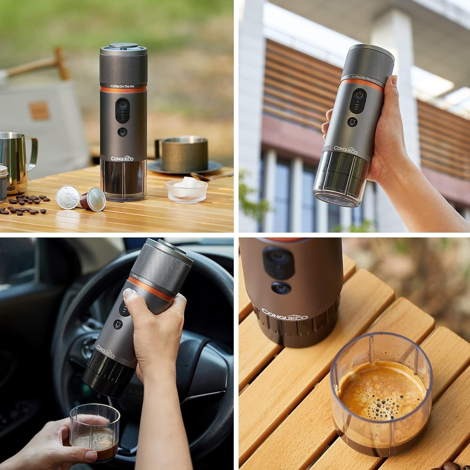 Machine à expresso de voiture CONQUECO 12 V : machine à expresso portable avec batterie pour le camping et les voyages – Chauffage rapide en 2,5 minutes – 8 tasses à expresso en une seule charge