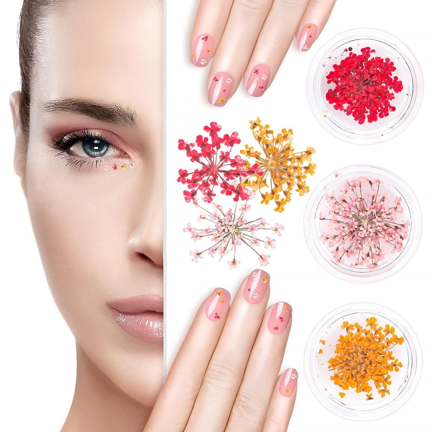 Nail Art Flowers Set Décoration - Gelnägel Zubehör 3 Farben (Orange, Blassrosa, Rose), Nail Art Aufkleber Trockene Blumen Kit Getrocknete Blumen Zubehör Set DIY Nageldekoration