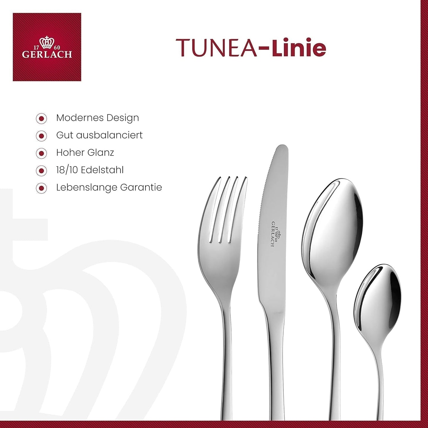 Gerlach 1760 Tunea Set, Couverts en acier inoxydable, 24 pièces, 6 personnes Cuisine Naty Shop
