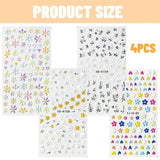 Set d'autocollants pour ongles pour le design des ongles, 4 feuilles de thèmes de décoration pour ongles, parfaits pour les ongles en gel 3D et les bandes de gel UV