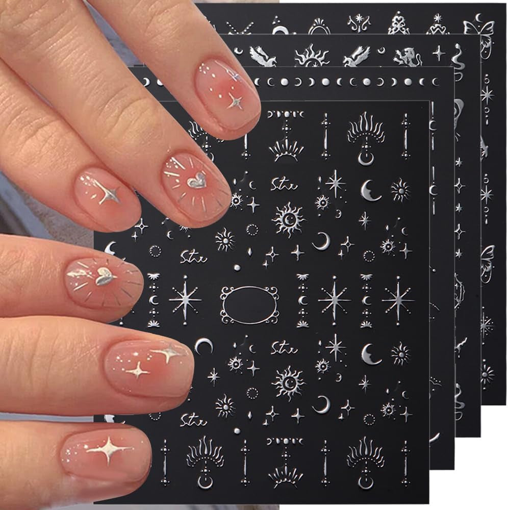 Autocollants d'ongles métalliques argentés 3D, autocollants d'ongles pour femmes, étoile, lune, soleil, feuille d'ongles, autocollants auto-adhésifs, autocollants d'ongles papillon, autocollants d'ongles, accessoires de conception d'ongles, 8 pièces