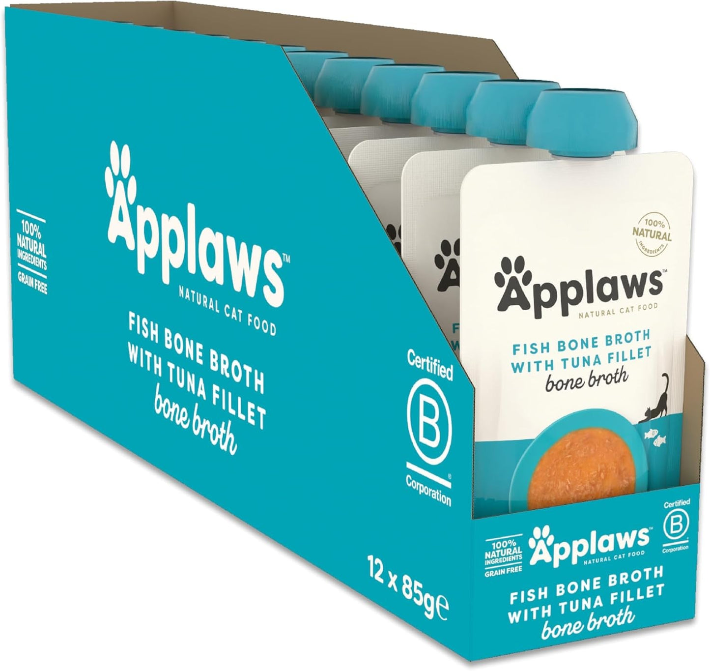 Applaws Nourriture humide 100 % naturelle pour chat – Soupe d'arêtes de poisson au thon, 12 sachets filtrants x 85 g