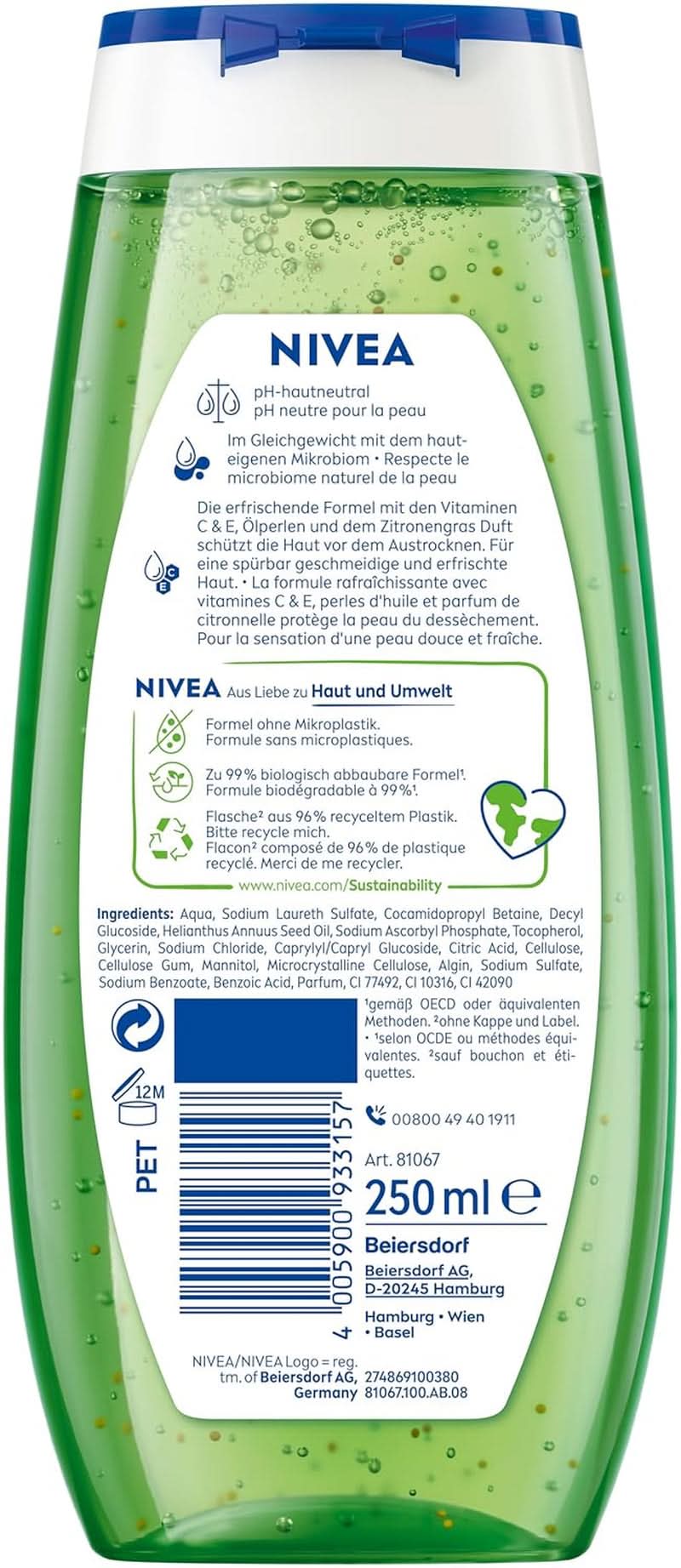 Gel douche NIVEA Citronnelle Et Huile, 250 ml Douche et bain Naty Shop