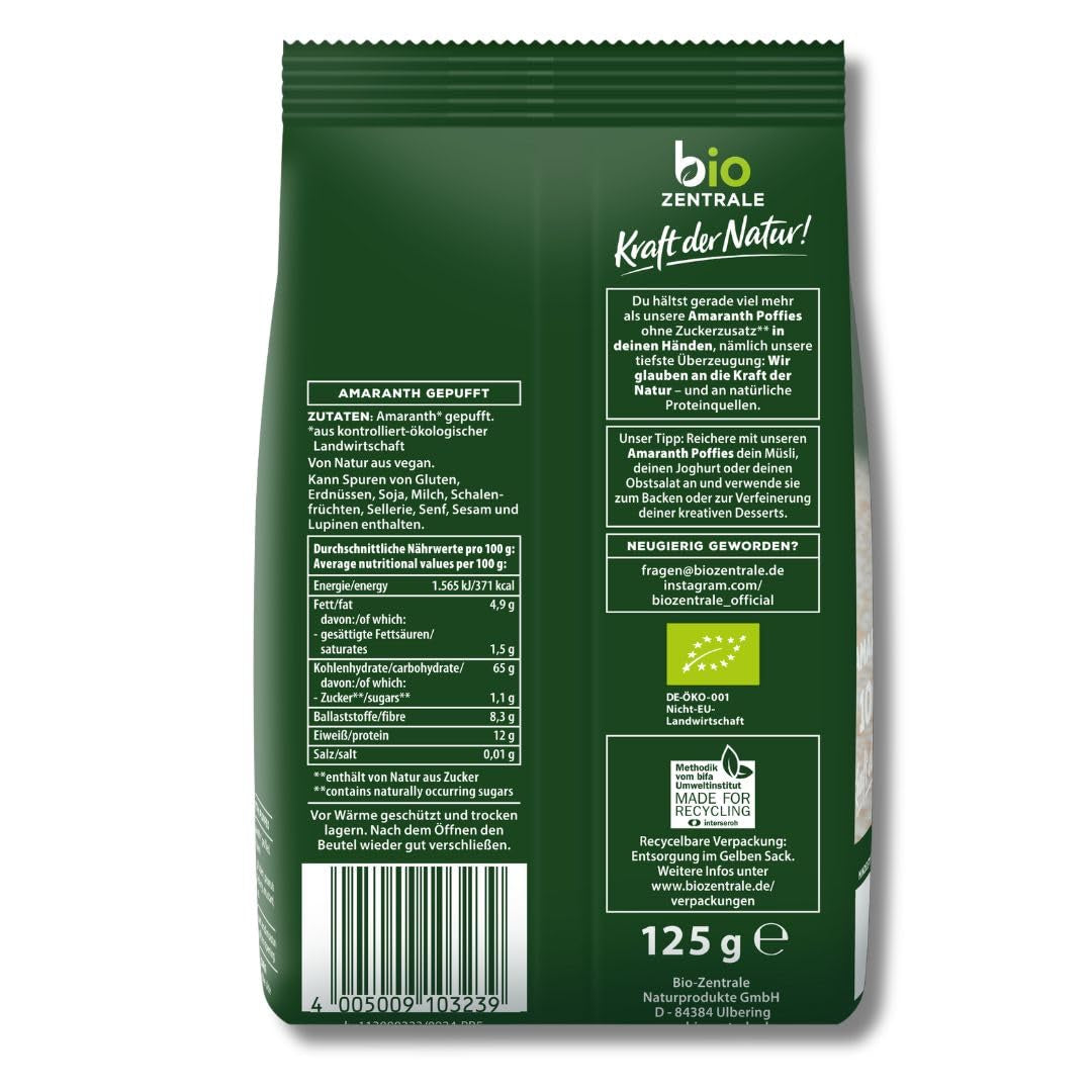 Bouffées d'amarante biocentrale | 125g | végétalien | petits grains d'amarante expansés | source de protéines | pour le muesli, le yaourt et les bols de petit-déjeuner colorés