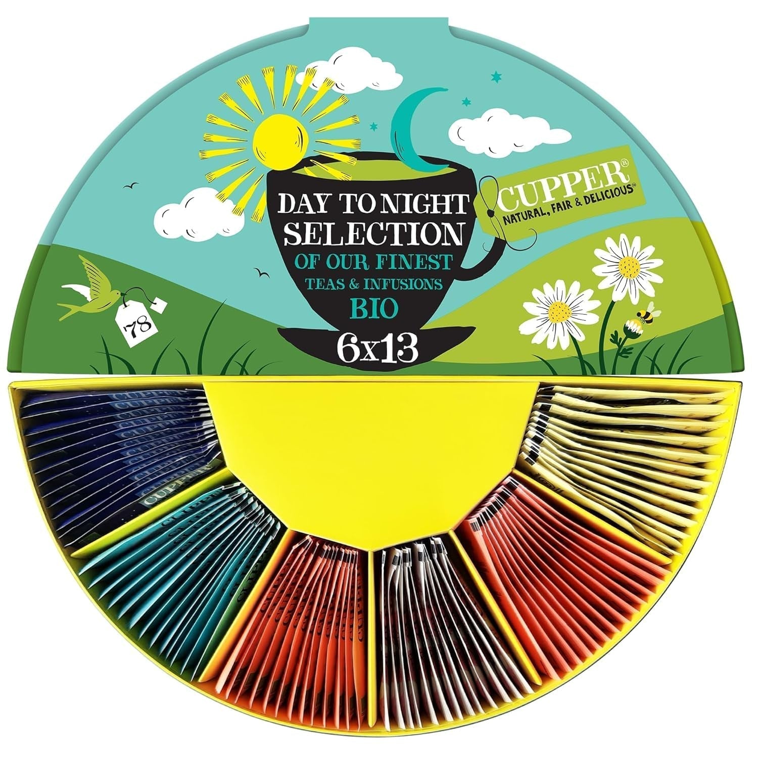 Cupper Coffret cadeau de thé biologique, 6 assortiments de thés aux herbes et aux fruits pour toute la journée, coffret à thé, coffret cadeau, collection de thés biologiques sélectionnés (1 boîte, 78 sachets de thé)