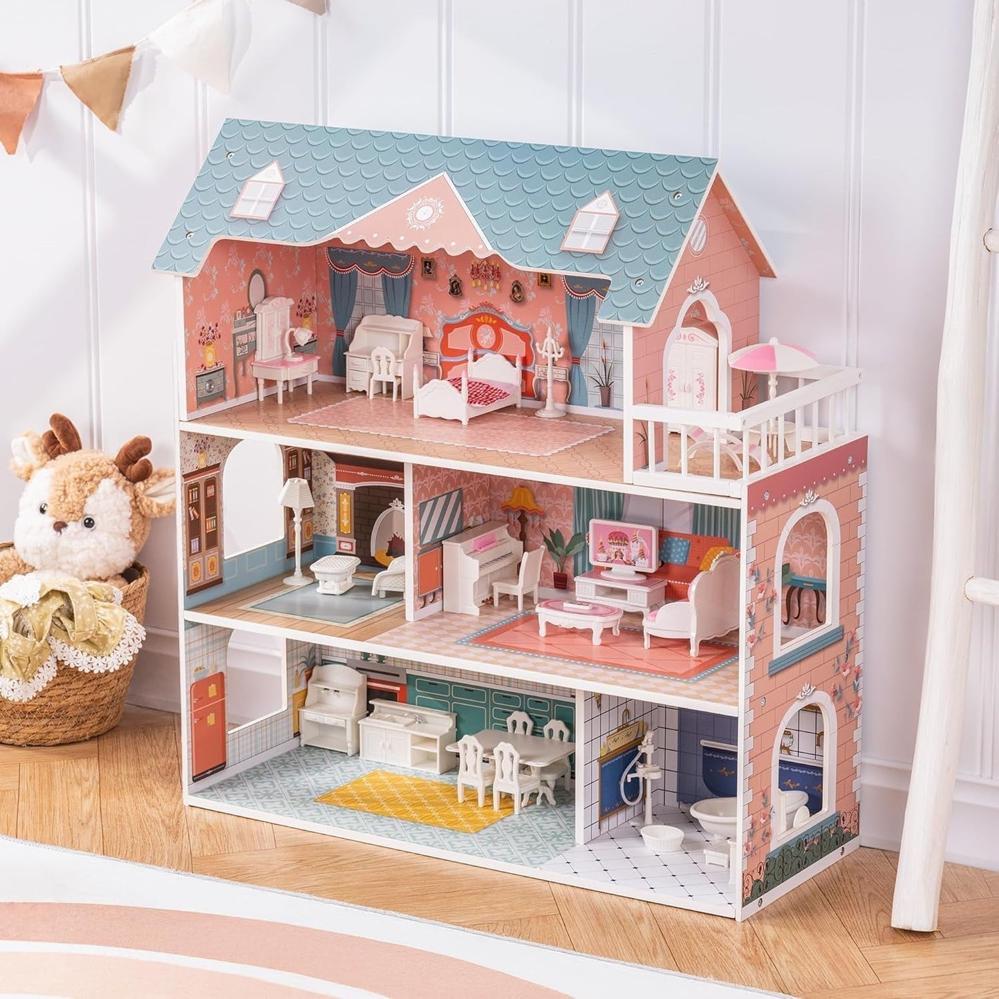 Maison de poupée en bois avec meubles et accessoires, maison de jeu pour filles, jouets de salle de jeux pour enfants, maisons de poupées, boutique Naty