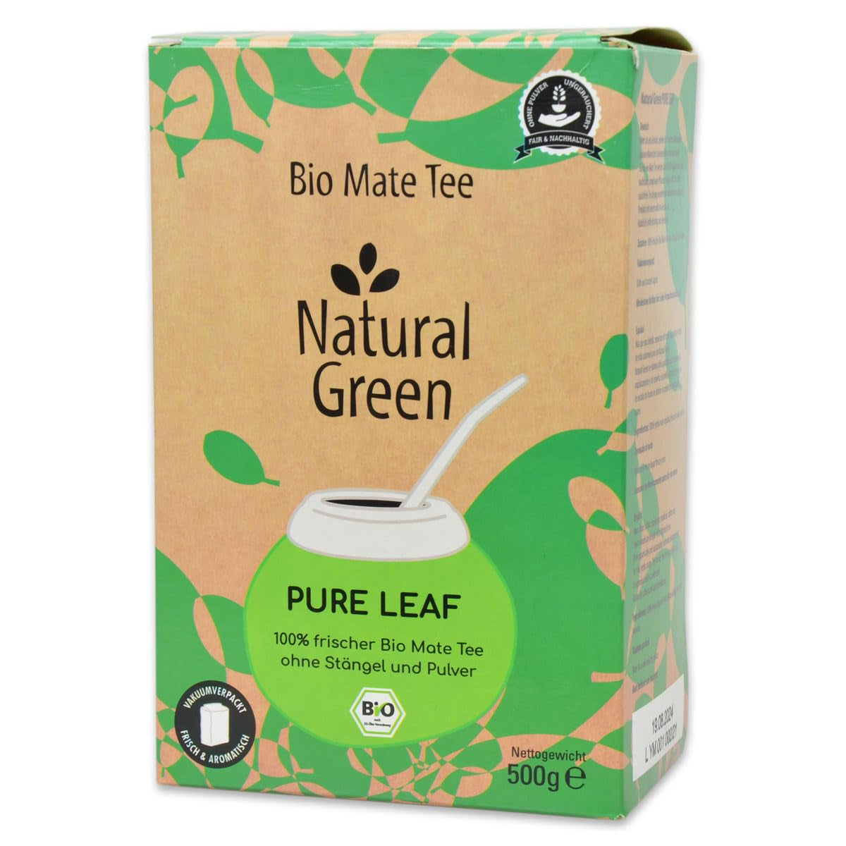 Delicatino - PURE LEAF vert naturel 500G, yerba mate biologique sans tige, frais et sans fumée, cultivé biologiquement, emballé sous vide pour une fraîcheur maximale