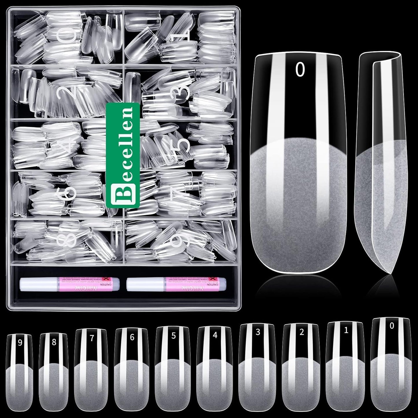Becellen 500pcs Conseils d'ongles artificiels, Conseils d'ongles en gel souple, Couverture complète, Conseils d'ongles en gel, Ongles artificiels pré-polis, Ensemble de colle DIY Nail Art (Amandes)