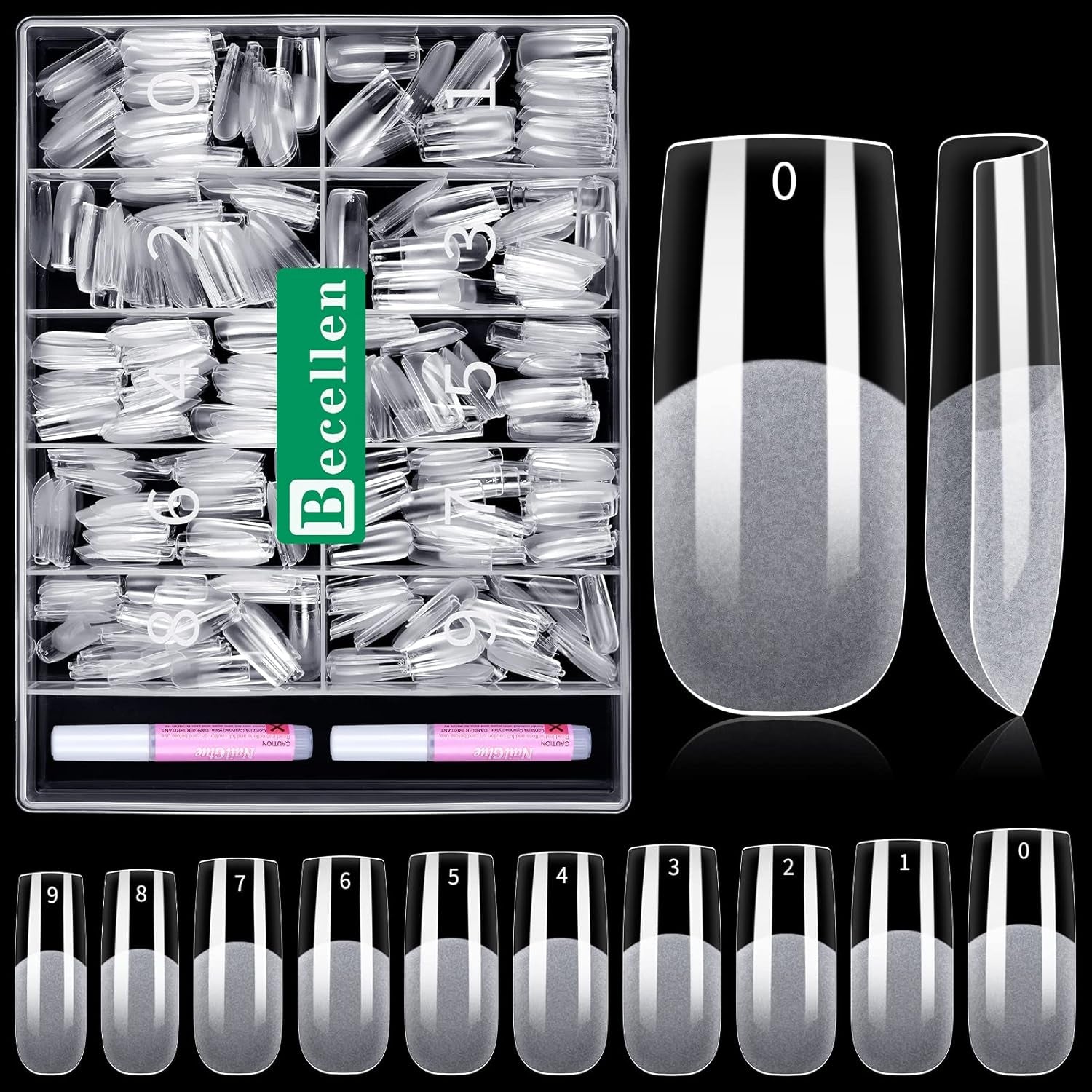 Becellen 500pcs Conseils d'ongles artificiels, Conseils d'ongles en gel souple, Couverture complète, Conseils d'ongles en gel, Ongles artificiels pré-polis, Ensemble de colle DIY Nail Art (Amandes)