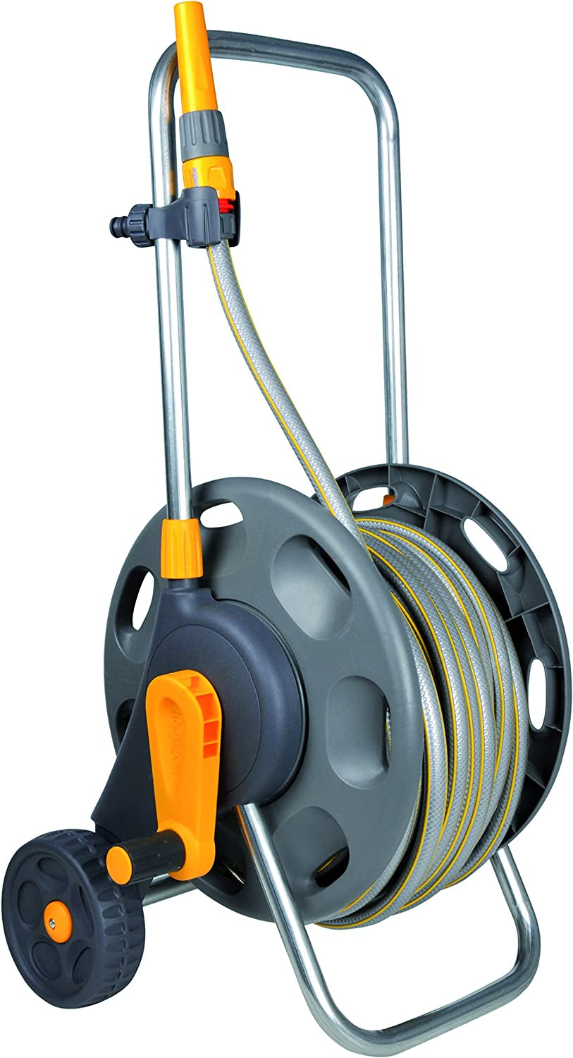 HOZELOCK - Enrouleur Plus 50 M (Ø 12,5 mm) assemblé : Capacité max 60 m, stable et robuste pour usage général, assemblé avec tuyau 50 m, 1 buse de pulvérisation + raccords [2435R0000]
