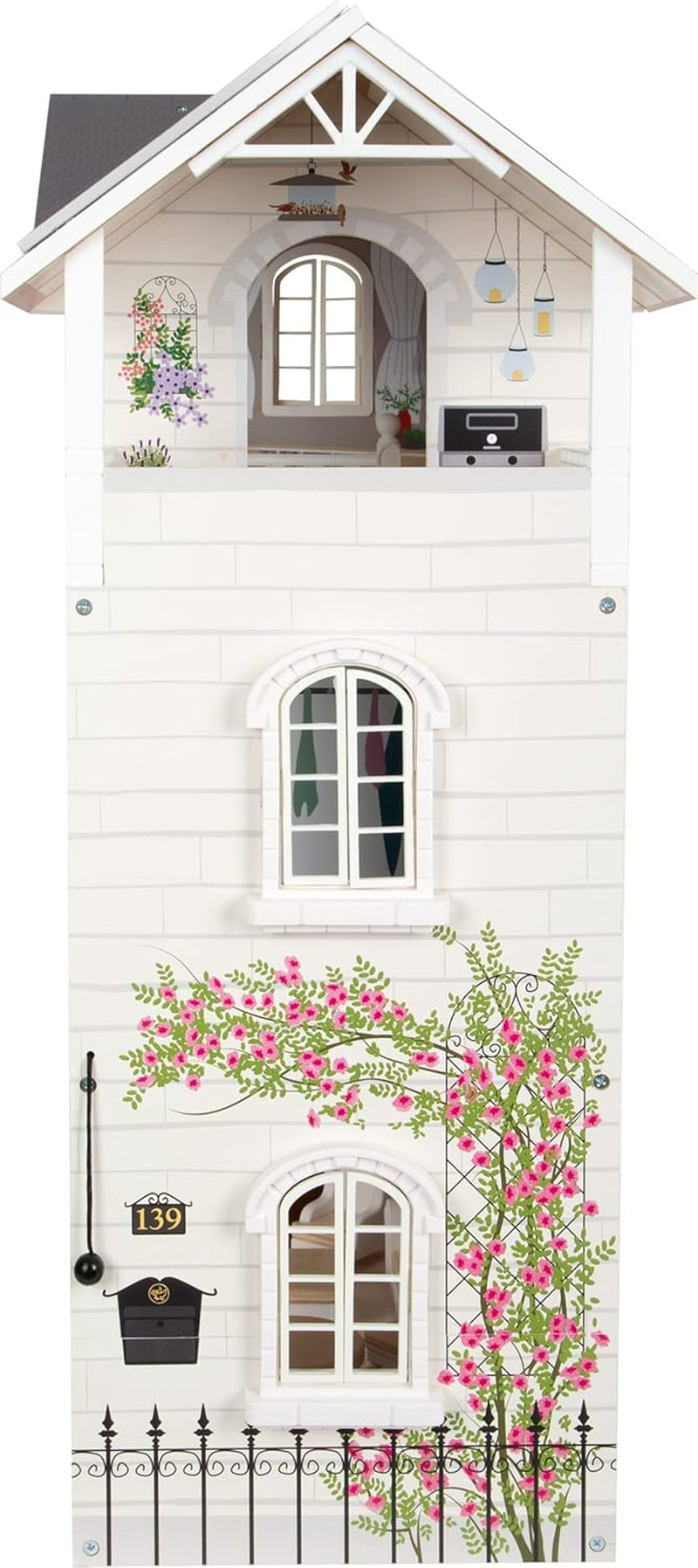 Small Foot Maison de poupée en bois à 3 étages avec façade ouverte et 12 meubles pour 3 ans et plus 11802 Blanc Gris