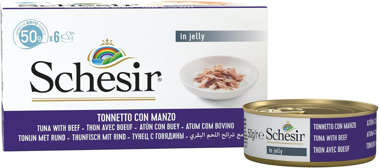 Gelée pour chat au thon et au bœuf, nourriture humide pour chat en gelée, 8 x 6 boîtes x 50 g