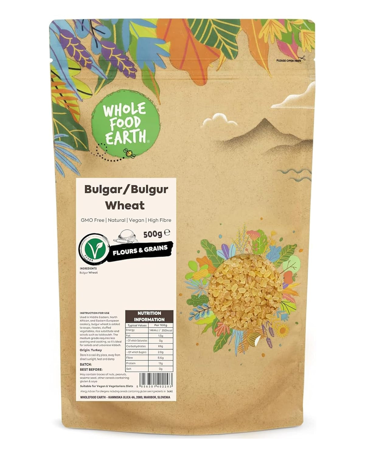Boulgour de blé Wholefood Earth - sans OGM - naturel - végétalien - sans produits laitiers - sans sucre ajouté, 500g