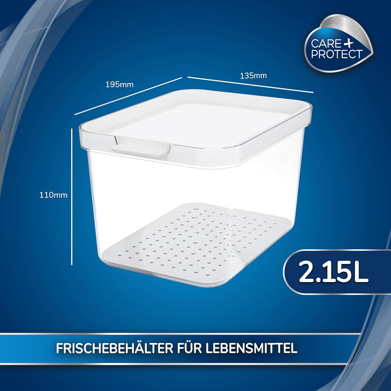 CARE + PROTECT Récipient alimentaire intelligent, parfaitement empilable, organisateur de réfrigérateur, protège les aliments de l'humidité, garde les aliments frais plus longtemps, 2,15 l Boîtes de conservation alimentaire Naty Shop