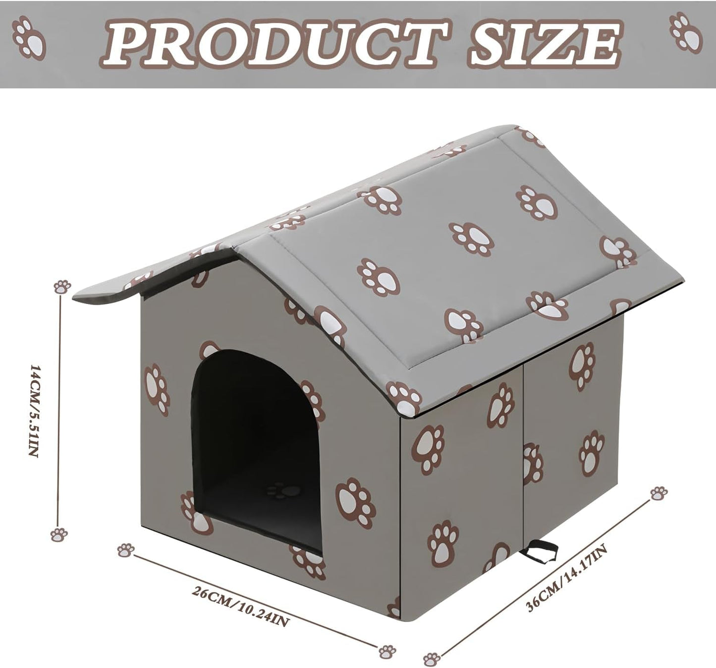 Katzenhaus für Draußen Winterfest und Wasserdicht, Faltbare Outdoor Katzenhöhle mit Abnehmbarem Kissen, Wetterfestes Tierheim für Streuner und Haustiere, Washbar und Isoliert (Graue Katzenpfote, M)