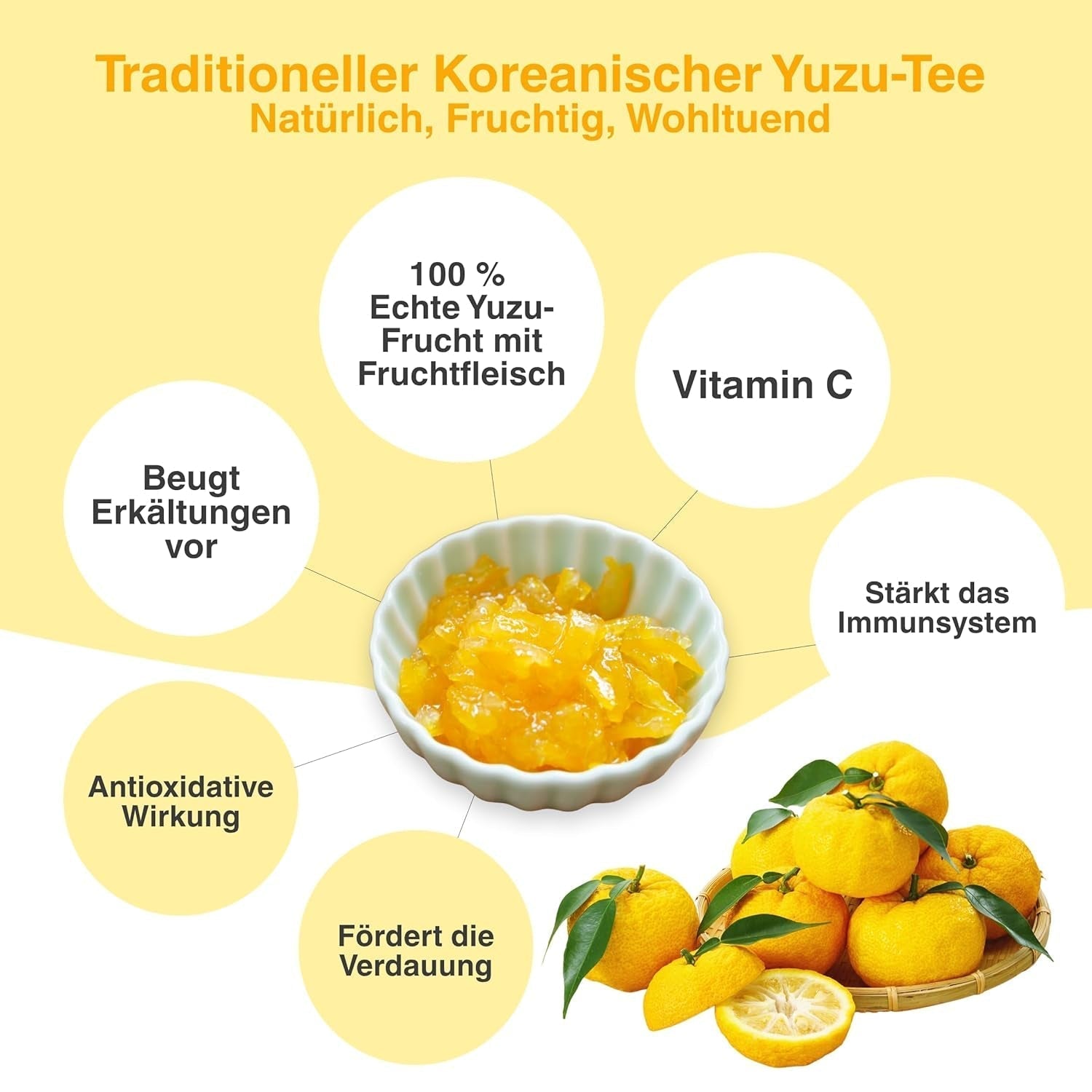 Boisson coréenne Easycookasia – Thé Yuzu | Fruité, sucré et citronné | Avec de la vitamine C | Pour le thé, la limonade, les cocktails et les desserts | Découvrez la culture asiatique du thé (500g)
