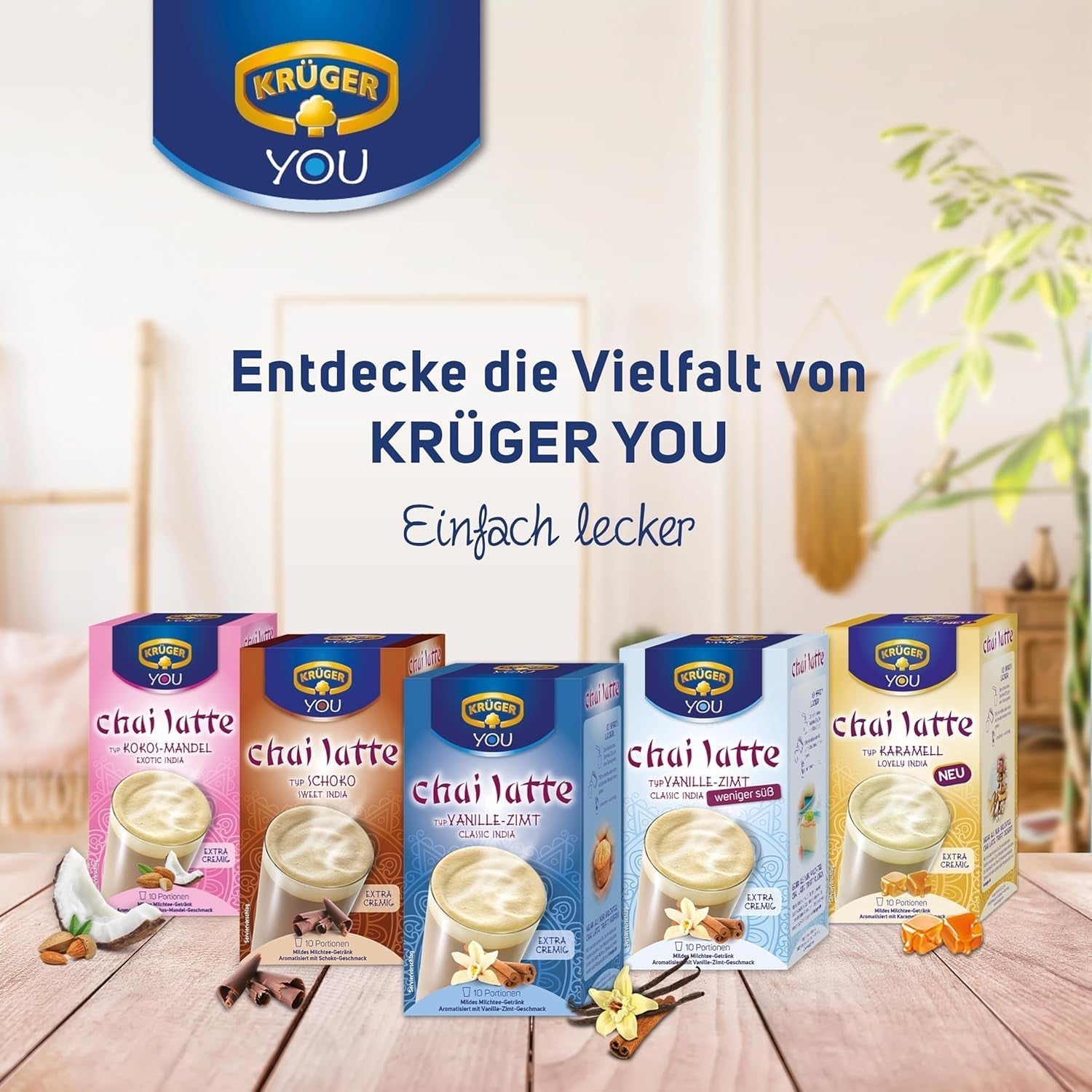 KRÜGER YOU Chai Latte Vanille Cannelle, préparation instantanée pour boissons lactées, aromatisée à la vanille et à la cannelle, 250 g (10 sachets de 25 g)