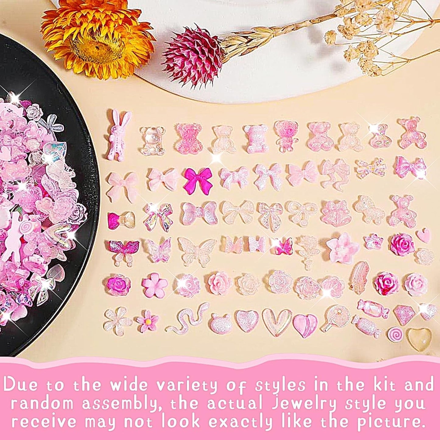 200 Pièces Breloques Nail Art 3D Ensemble de Décoration Nail Art Nœud Pendentif Ongle Rose Style Mixte Nœud Fleur Ours en Peluche Sucette Forme de Coeur Décoration Nail Art DIY Artisanat Conception d'Ongles