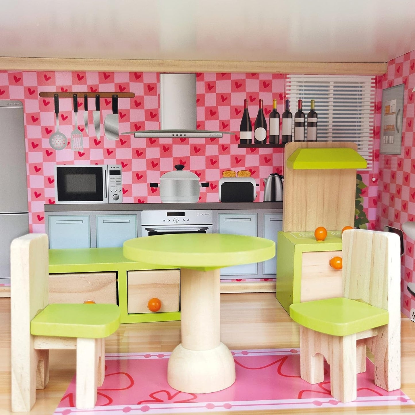 Bino World of Toys Maison de poupée avec balcon, jouet pour les tout-petits à partir de 3 ans, avec 3 étages, escaliers, 4 pièces et balcon incl. 15-TLG. Accessoires, Pour promouvoir les compétences des enfants, Maisons de poupées design rose Naty Shop