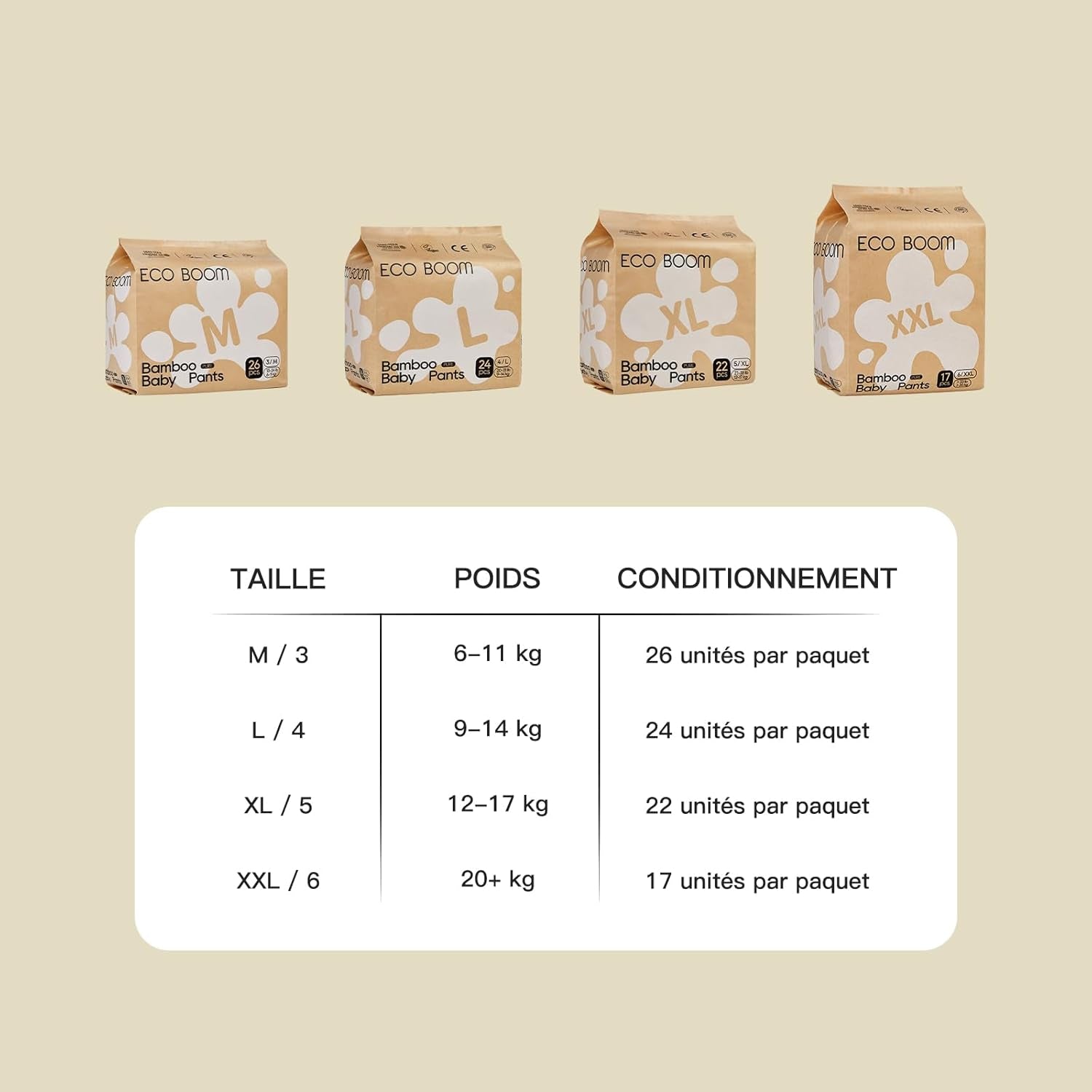ECO BOOM Couches pour bébé en bambou - Taille 6 (20 kg), Couches pull-up à base de plantes (17 pièces) - Bio de qualité supérieure, sans parfum, respectueuses de la peau, super absorbantes