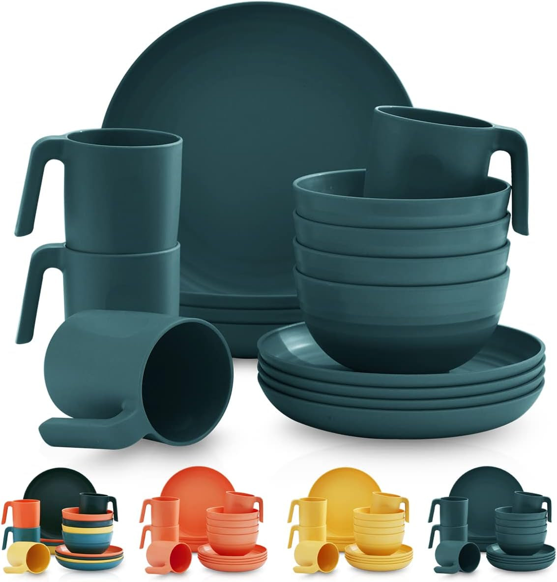 Service de table Kyraton en plastique incassable et réutilisable, composé de 16 pièces. Assiettes, tasses, bols et plats légers. Facile à transporter et à nettoyer. Sans BPA. Pour 4 personnes.