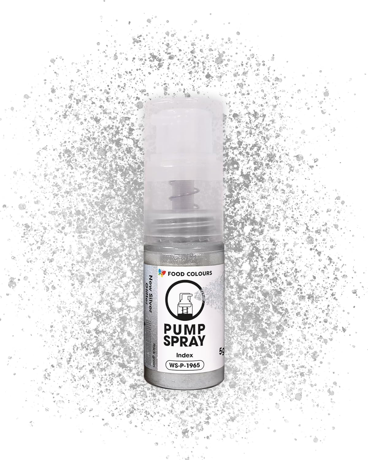 Spray alimentaire pailleté comestible NEW SILVER SHIMMERING Pompe 5G à poudre métallique pour une décoration rapide et efficace de gâteaux, crèmes, gelées, pralines, décorations en chocolat et sucre