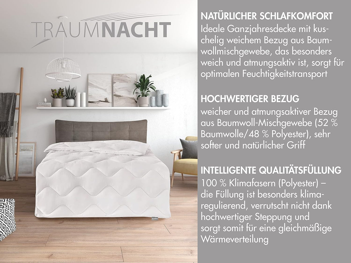 Traumnacht Couette confortable en coton mono toutes saisons, couette de transition idéale avec housse en mélange de coton, 135 x 200 cm, lavable, certifiée Oeko-Tex, fabriquée selon les normes de qualité allemandes Quilts and Quilts Naty Shop