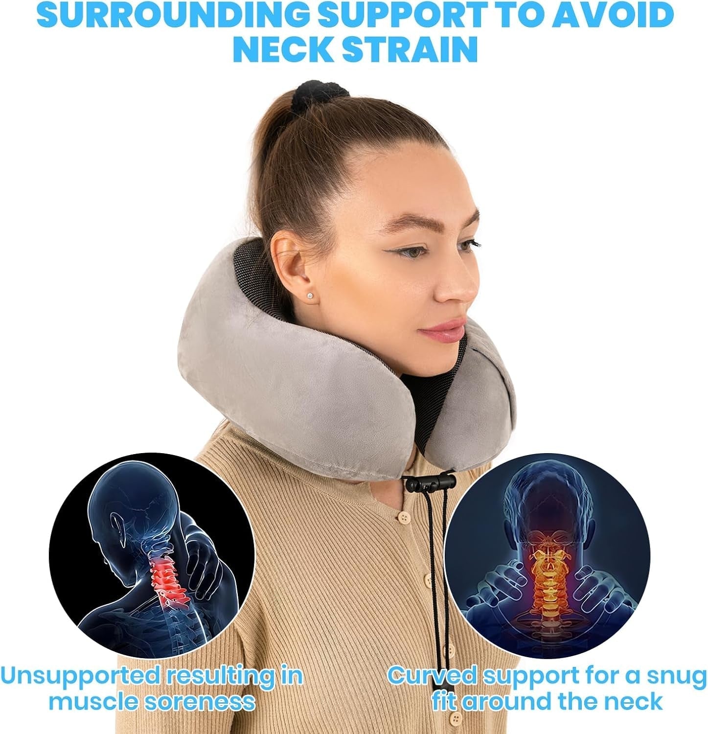 Oreiller cervical, oreiller cervical d'avion, oreiller de voyage, oreiller cervical pour adulte, oreiller cervical de voiture, oreiller de maison, oreiller ergonomique en mousse à mémoire de forme, lavable à dos étroit, réglable, gris