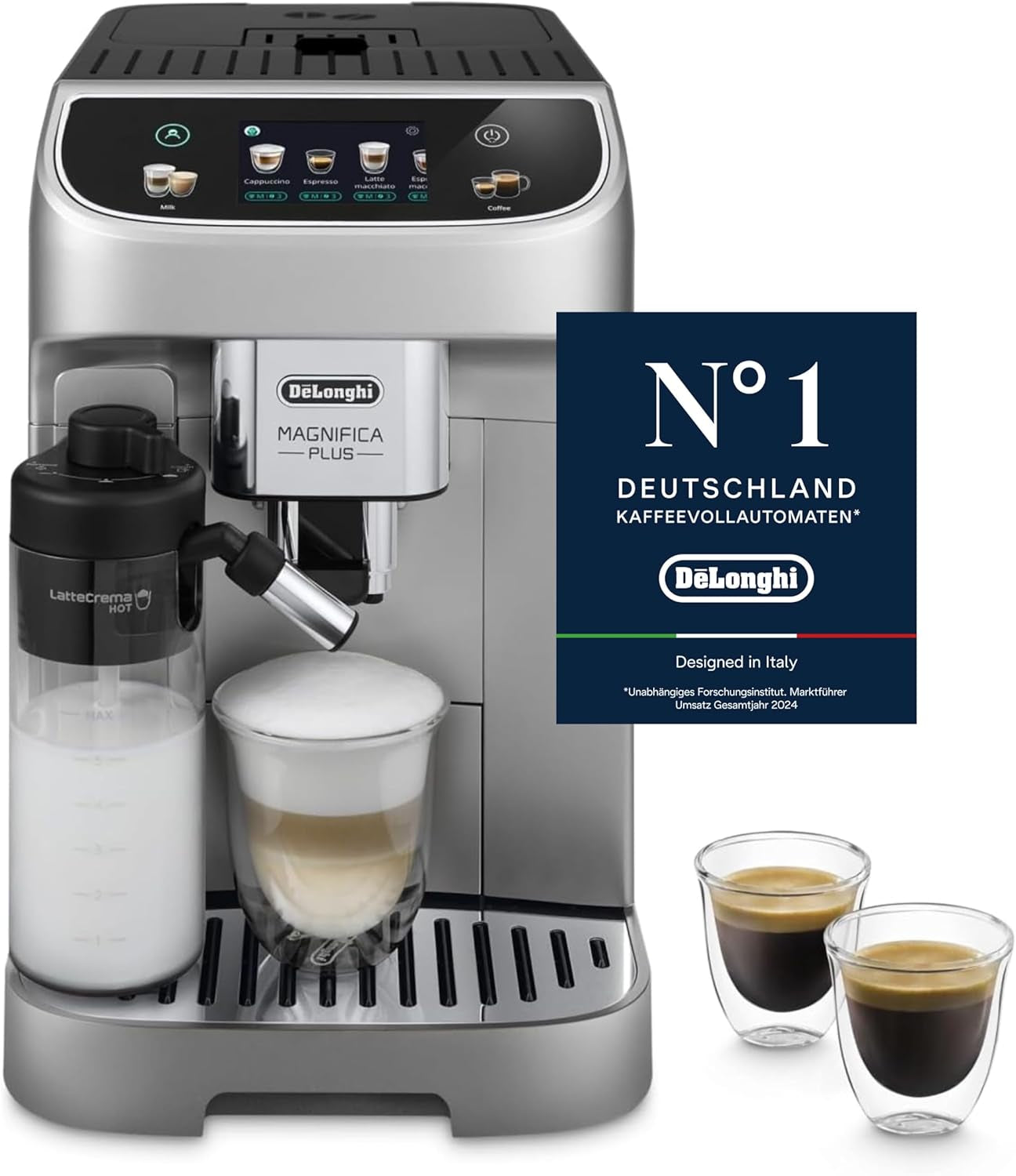 De'Longhi Magnifica Evo Next - Expresso entièrement automatique Perfetto avec mousseur à lait LatteCrema, 13 boissons à une touche, cafetière et cappuccino, écran tactile couleur, titane (ECAM312.80.TB)