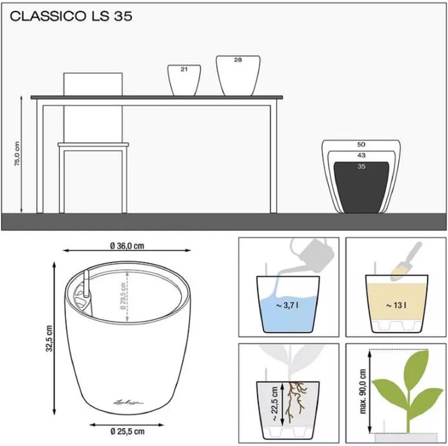 Jardinière LECHUZA Classico Color LS gris ardoise avec système d'irrigation |Ø 35 × 32 cm|14281