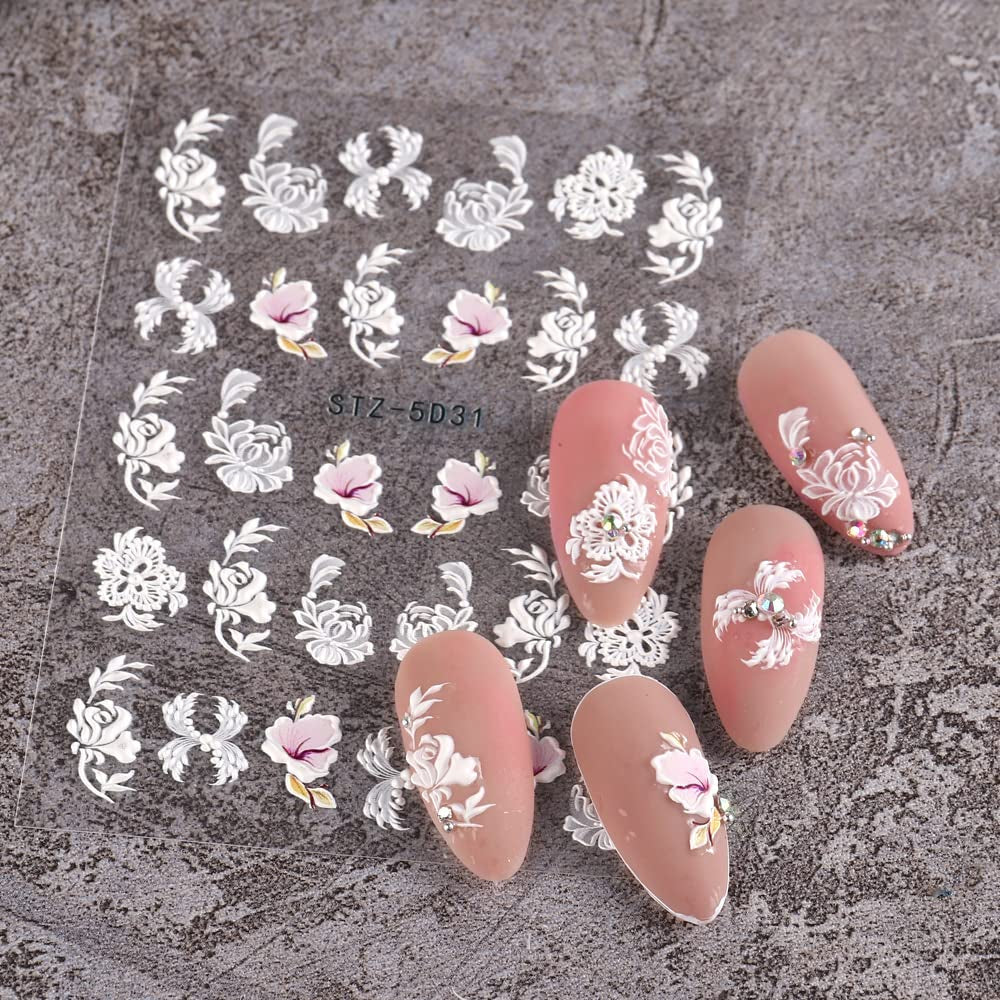 4 Blatt 3D Nagelsticker Frühling Blume Nagelaufkleber 5D Stereoskopisch Selbstklebend Nail Art Sticker Décoration Nageldesign Zubehör