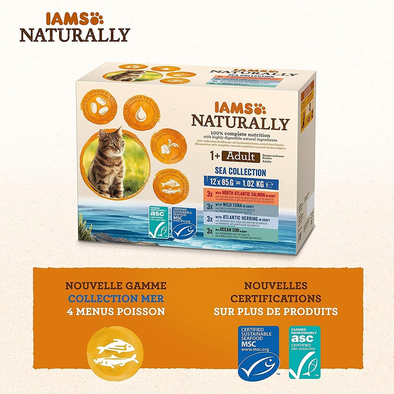 IAMS Nourriture humide naturelle pour chat en sauce – Nourriture humide de haute qualité au poisson pour chat adulte, Sea Collection, 12 x 85 g