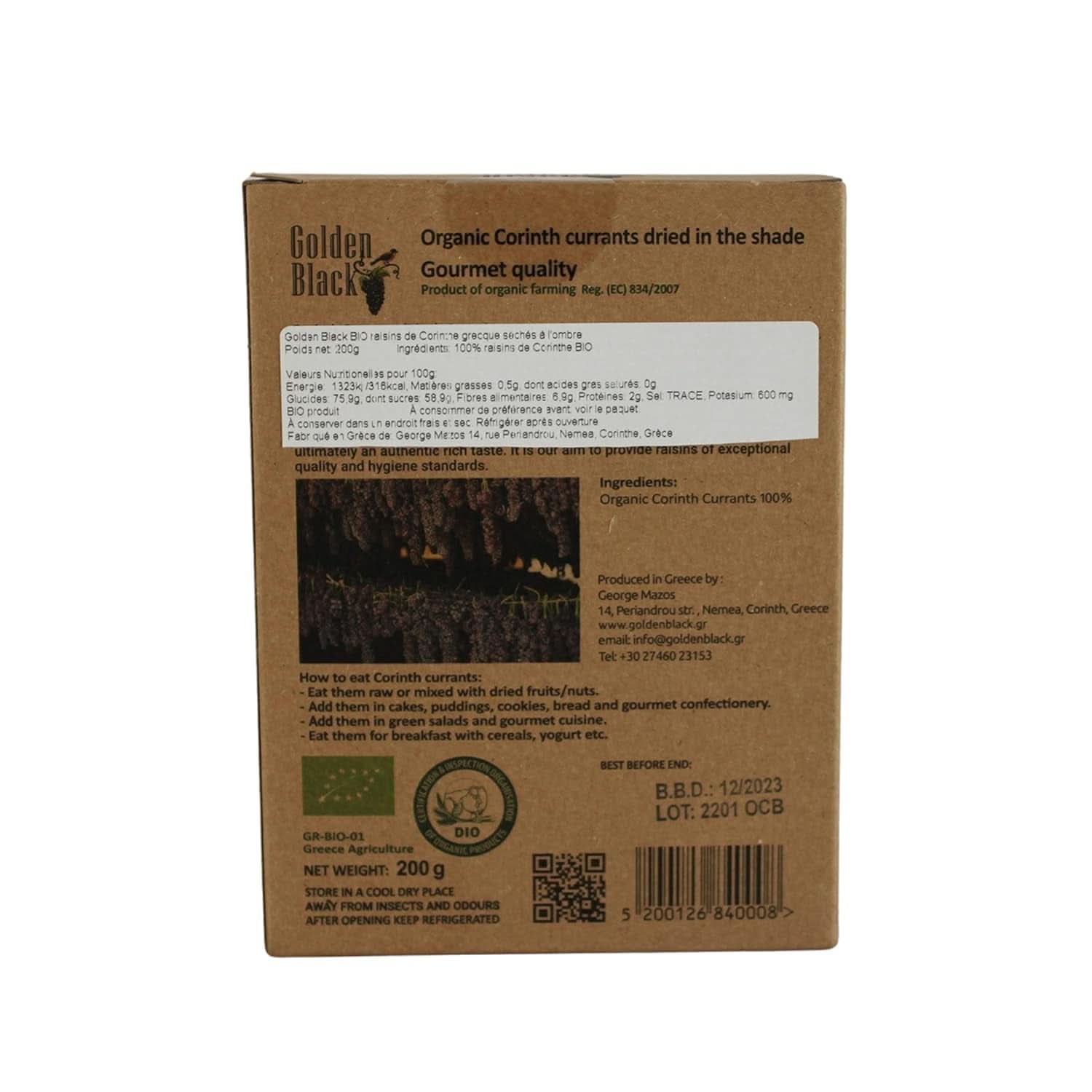 Raisins noirs grecs bio - groseilles, pack de 3 x 200 grammes Produits déshydratés Naty Shop